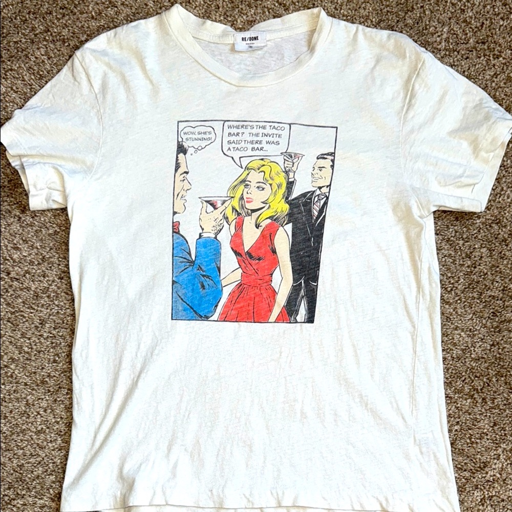 LIKE NEW/USED…. Re/Done White Tee with Comic Print X Small OFF WHITE/ NATURAL